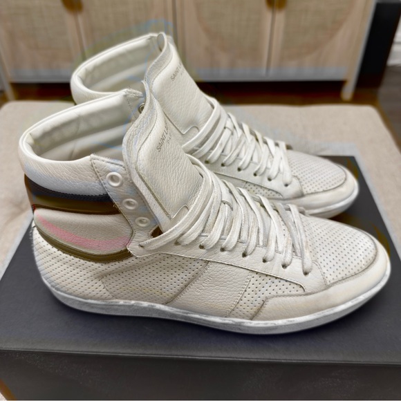 Saint Laurent Men’s SL10H Distressed High Tops with Blue & Red stripe sz 41 - Picture 3 of 14
